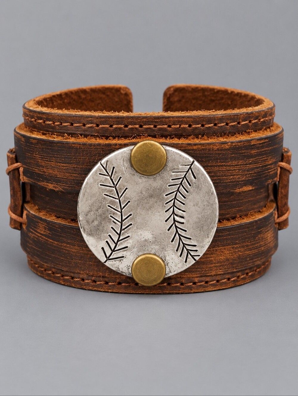 Brown Leather Baseball Stitch Cuff Wide Unisex Bracelet